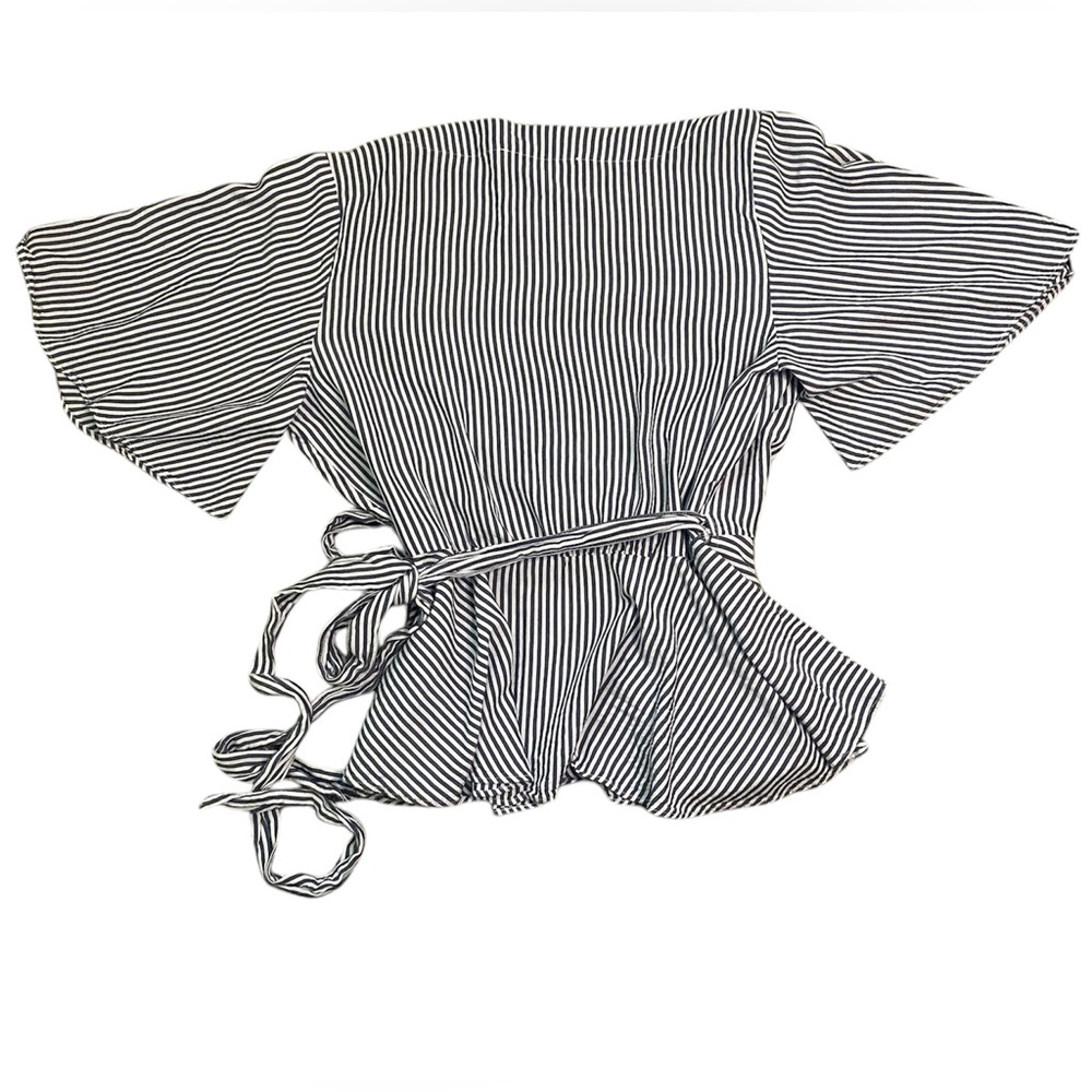 LOFT Navy and White Striped V-Neckline Short Sleeve Wrap Blouse - Picture 3 of 5